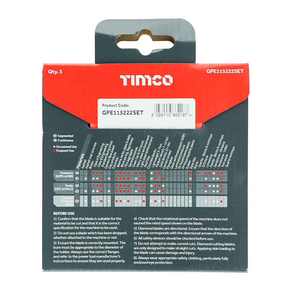 This is an image showing TIMCO General Purpose Diamond Blade - Segmented - 115 x 22.2 - 3 Pieces Box available from T.H Wiggans Ironmongery in Kendal, quick delivery at discounted prices.