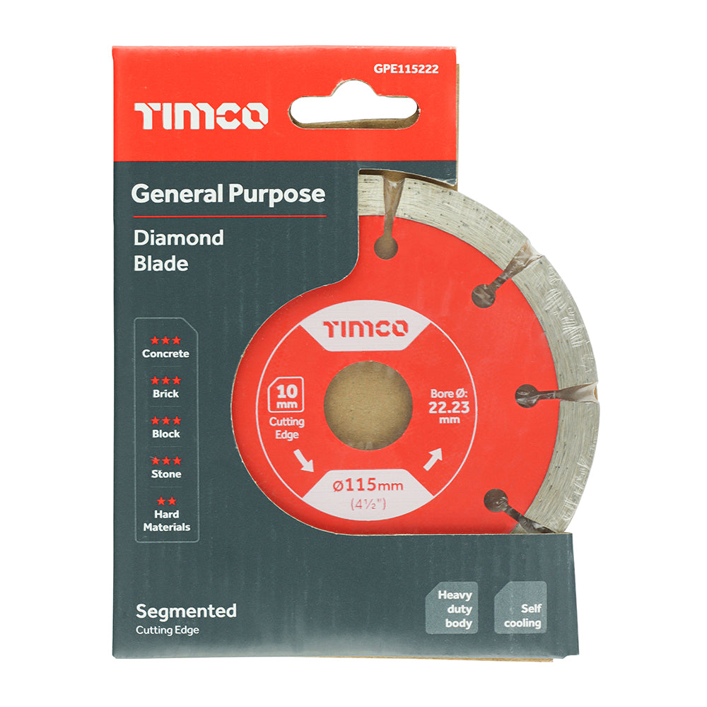 This is an image showing TIMCO General Purpose Diamond Blade - Segmented  - 115 x 22.2 - 1 Each Box available from T.H Wiggans Ironmongery in Kendal, quick delivery at discounted prices.