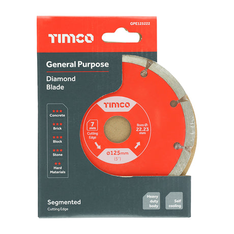 This is an image showing TIMCO Premium Diamond Blade Segmented - 125 x 22.2 - 1 Each Box available from T.H Wiggans Ironmongery in Kendal, quick delivery at discounted prices.