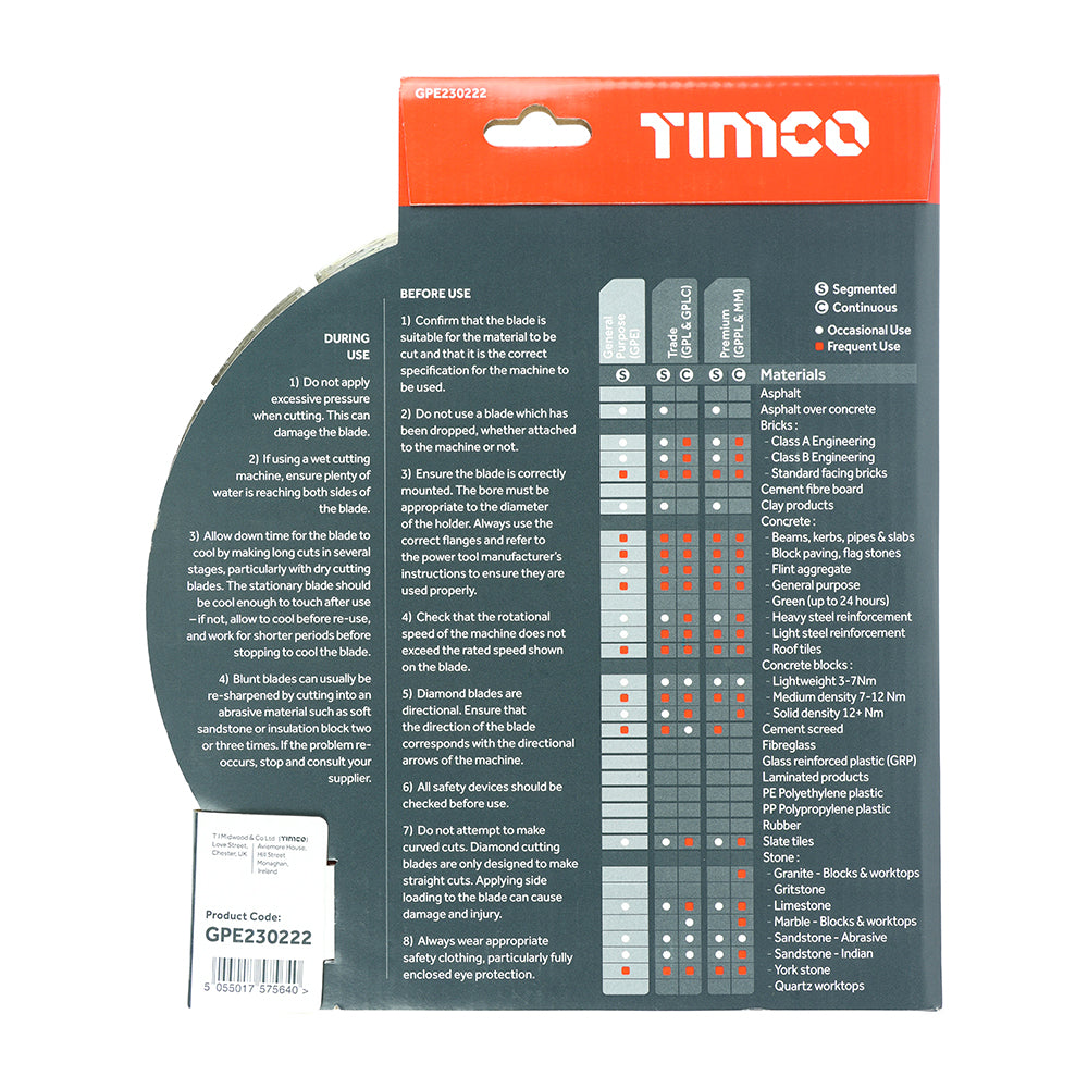 This is an image showing TIMCO General Purpose Diamond Blade - Segmented  - 230 x 22.2 - 1 Each Box available from T.H Wiggans Ironmongery in Kendal, quick delivery at discounted prices.
