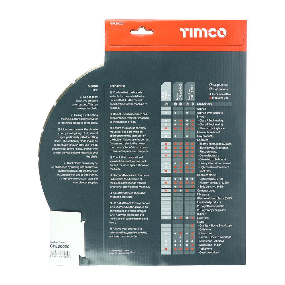 This is an image showing TIMCO General Purpose Diamond Blade - Segmented  - 300 x 20.0 - 1 Each Box available from T.H Wiggans Ironmongery in Kendal, quick delivery at discounted prices.
