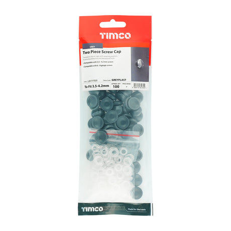 This is an image showing TIMCO Two Piece Screw Caps - Grey - To Fit 3.5 to 4.2 Screw - 100 Pieces TIMpac available from T.H Wiggans Ironmongery in Kendal, quick delivery at discounted prices.