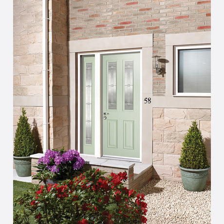 This is an image showing LPD - Malton 2L Glazed External Pre-Finished Light Green Front Face With White Inside Face and Edges Doors 813 x 2032 available from T.H Wiggans Ironmongery in Kendal, quick delivery at discounted prices.