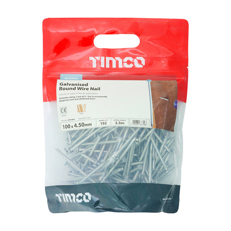 This is an image showing TIMCO Round Wire Nails - Galvanised - 100 x 4.50 - 2.5 Kilograms TIMbag available from T.H Wiggans Ironmongery in Kendal, quick delivery at discounted prices.