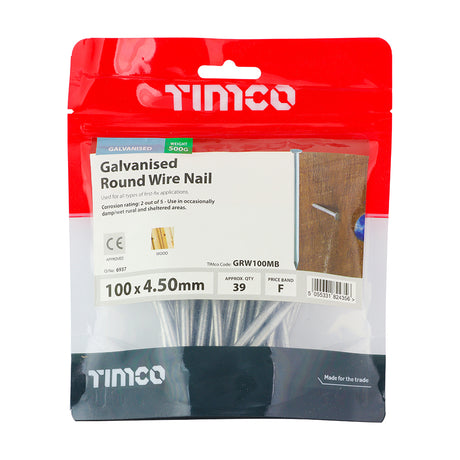 This is an image showing TIMCO Round Wire Nails - Galvanised - 100 x 4.50 - 0.5 Kilograms TIMbag available from T.H Wiggans Ironmongery in Kendal, quick delivery at discounted prices.