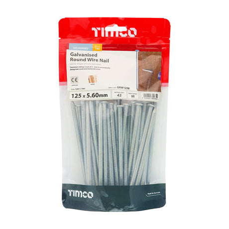 This is an image showing TIMCO Round Wire Nails - Galvanised - 125 x 5.60 - 1 Kilograms TIMbag available from T.H Wiggans Ironmongery in Kendal, quick delivery at discounted prices.