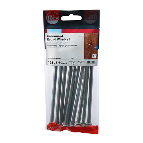 This is an image showing TIMCO Round Wire Nails - Galvanised - 125 x 5.60 - 10 Pieces TIMpac available from T.H Wiggans Ironmongery in Kendal, quick delivery at discounted prices.