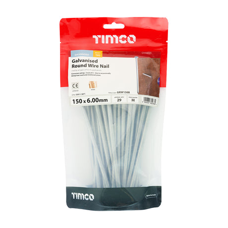 This is an image showing TIMCO Round Wire Nails - Galvanised - 150 x 6.00 - 1 Kilograms TIMbag available from T.H Wiggans Ironmongery in Kendal, quick delivery at discounted prices.