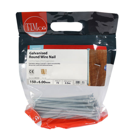 This is an image showing TIMCO Round Wire Nails - Galvanised - 150 x 6.00 - 2.5 Kilograms TIMbag available from T.H Wiggans Ironmongery in Kendal, quick delivery at discounted prices.