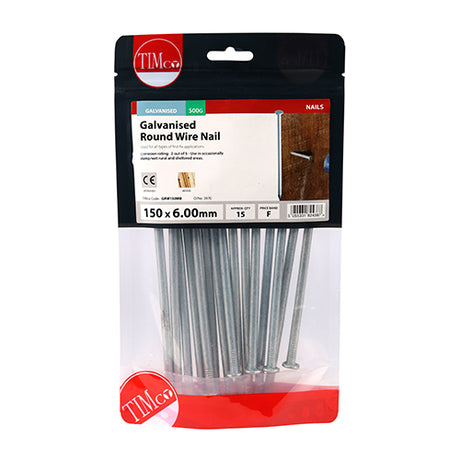 This is an image showing TIMCO Round Wire Nails - Galvanised - 150 x 6.00 - 0.5 Kilograms TIMbag available from T.H Wiggans Ironmongery in Kendal, quick delivery at discounted prices.