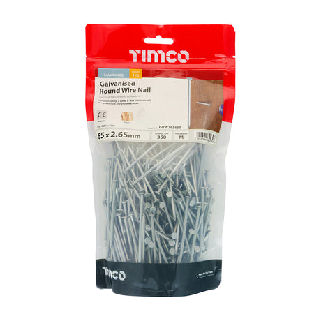 This is an image showing TIMCO Round Wire Nails - Galvanised - 65 x 2.65 - 1 Kilograms TIMbag available from T.H Wiggans Ironmongery in Kendal, quick delivery at discounted prices.