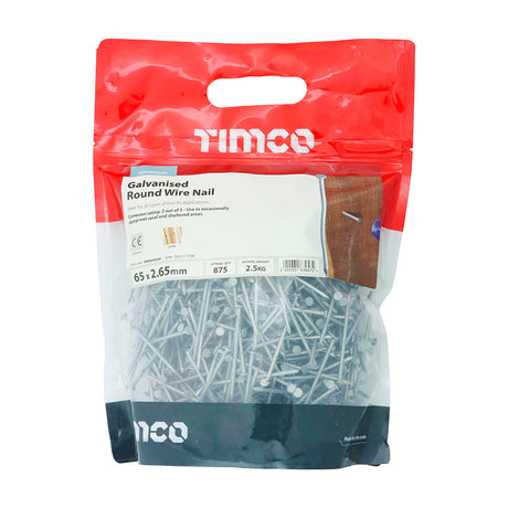 This is an image showing TIMCO Round Wire Nails - Galvanised - 65 x 2.65 - 2.5 Kilograms TIMbag available from T.H Wiggans Ironmongery in Kendal, quick delivery at discounted prices.