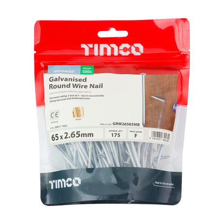 This is an image showing TIMCO Round Wire Nails - Galvanised - 65 x 2.65 - 0.5 Kilograms TIMbag available from T.H Wiggans Ironmongery in Kendal, quick delivery at discounted prices.