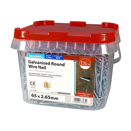 This is an image showing TIMCO Round Wire Nails - Galvanised - 65 x 2.65 - 2.5 Kilograms TIMtub available from T.H Wiggans Ironmongery in Kendal, quick delivery at discounted prices.