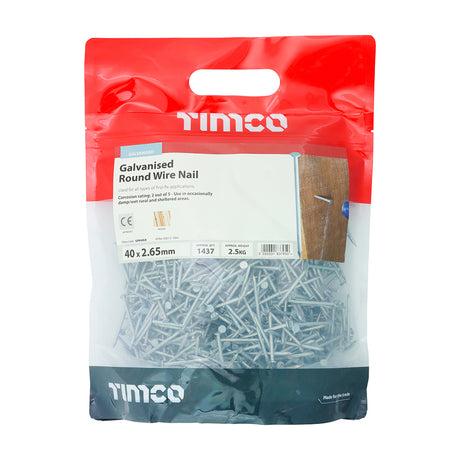 This is an image showing TIMCO Round Wire Nails - Galvanised - 40 x 2.65 - 2.5 Kilograms TIMbag available from T.H Wiggans Ironmongery in Kendal, quick delivery at discounted prices.