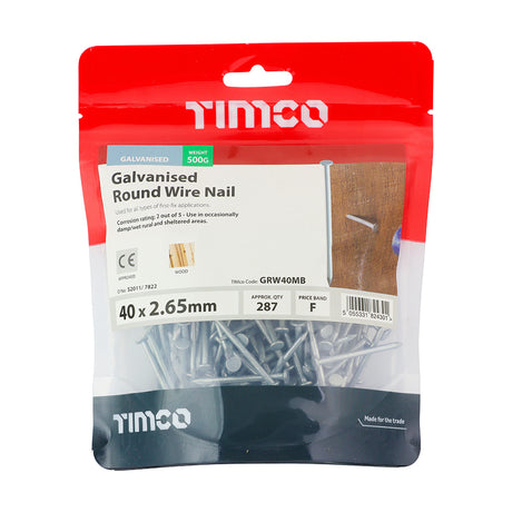 This is an image showing TIMCO Round Wire Nails - Galvanised - 40 x 2.65 - 0.5 Kilograms TIMbag available from T.H Wiggans Ironmongery in Kendal, quick delivery at discounted prices.
