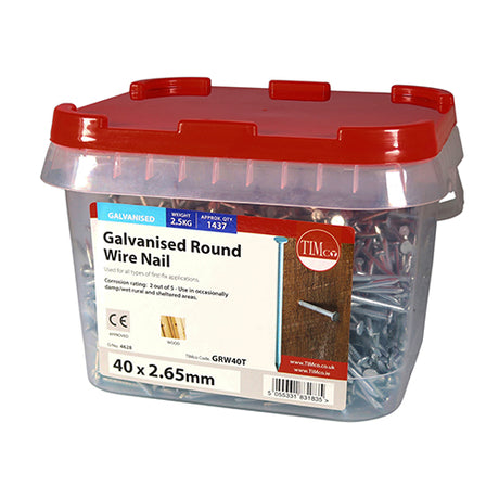 This is an image showing TIMCO Round Wire Nails - Galvanised - 40 x 2.65 - 2.5 Kilograms TIMtub available from T.H Wiggans Ironmongery in Kendal, quick delivery at discounted prices.