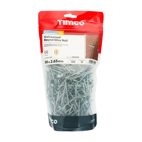 This is an image showing TIMCO Round Wire Nails - Galvanised - 50 x 2.65 - 1 Kilograms TIMbag available from T.H Wiggans Ironmongery in Kendal, quick delivery at discounted prices.