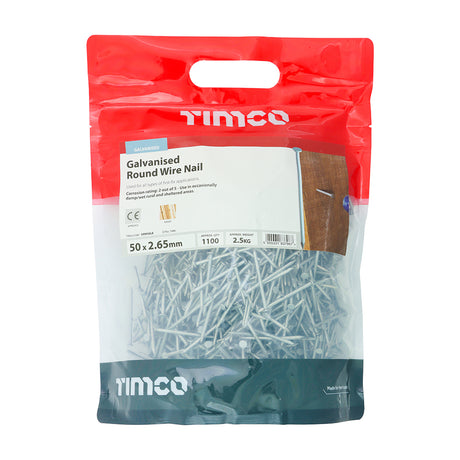 This is an image showing TIMCO Round Wire Nails - Galvanised - 50 x 2.65 - 2.5 Kilograms TIMbag available from T.H Wiggans Ironmongery in Kendal, quick delivery at discounted prices.