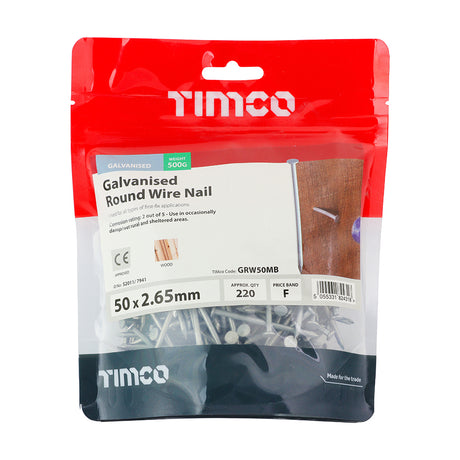 This is an image showing TIMCO Round Wire Nails - Galvanised - 50 x 2.65 - 0.5 Kilograms TIMbag available from T.H Wiggans Ironmongery in Kendal, quick delivery at discounted prices.