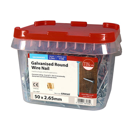 This is an image showing TIMCO Round Wire Nails - Galvanised - 50 x 2.65 - 2.5 Kilograms TIMtub available from T.H Wiggans Ironmongery in Kendal, quick delivery at discounted prices.