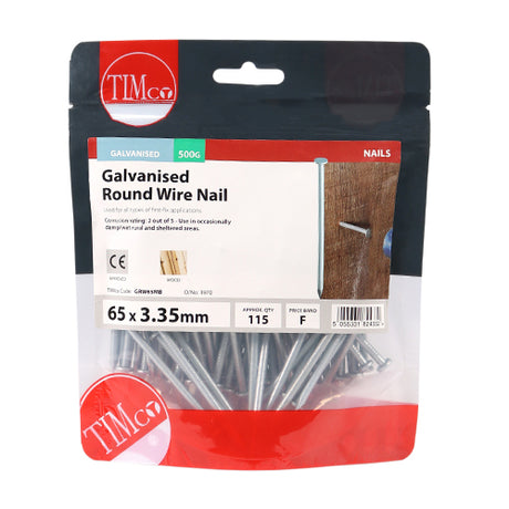 This is an image showing TIMCO Round Wire Nails - Galvanised - 65 x 3.35 - 0.5 Kilograms TIMbag available from T.H Wiggans Ironmongery in Kendal, quick delivery at discounted prices.