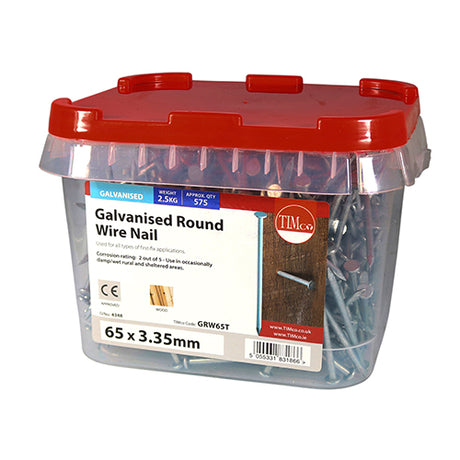 This is an image showing TIMCO Round Wire Nails - Galvanised - 65 x 3.35 - 2.5 Kilograms TIMtub available from T.H Wiggans Ironmongery in Kendal, quick delivery at discounted prices.