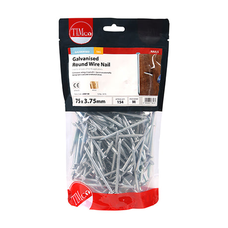 This is an image showing TIMCO Round Wire Nails - Galvanised - 75 x 3.75 - 1 Kilograms TIMbag available from T.H Wiggans Ironmongery in Kendal, quick delivery at discounted prices.