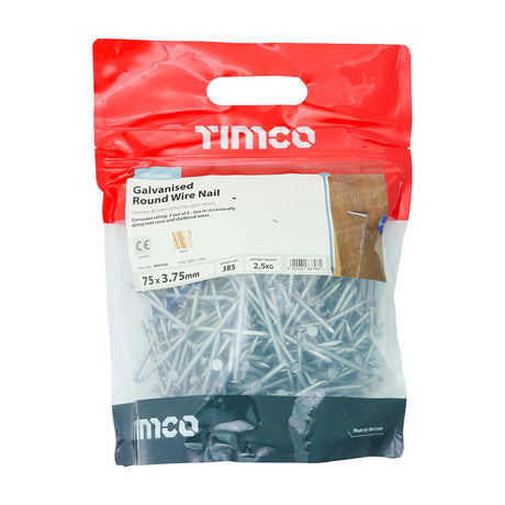This is an image showing TIMCO Round Wire Nails - Galvanised - 75 x 3.75 - 2.5 Kilograms TIMbag available from T.H Wiggans Ironmongery in Kendal, quick delivery at discounted prices.