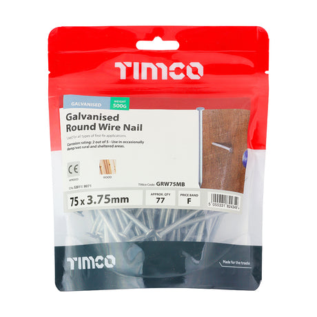 This is an image showing TIMCO Round Wire Nails - Galvanised - 75 x 3.75 - 0.5 Kilograms TIMbag available from T.H Wiggans Ironmongery in Kendal, quick delivery at discounted prices.