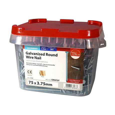 This is an image showing TIMCO Round Wire Nails - Galvanised - 75 x 3.75 - 2.5 Kilograms TIMtub available from T.H Wiggans Ironmongery in Kendal, quick delivery at discounted prices.