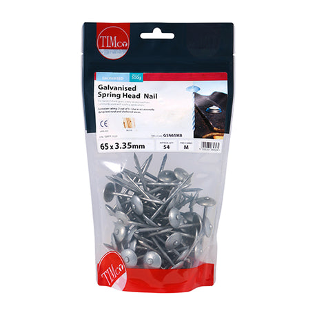 This is an image showing TIMCO Spring Head Nails - Galvanised - 65 x 3.35 - 0.5 Kilograms TIMbag available from T.H Wiggans Ironmongery in Kendal, quick delivery at discounted prices.