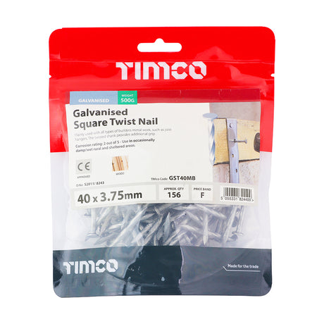 This is an image showing TIMCO Square Twist Nails - Galvanised - 40 x 3.75 - 0.5 Kilograms TIMbag available from T.H Wiggans Ironmongery in Kendal, quick delivery at discounted prices.