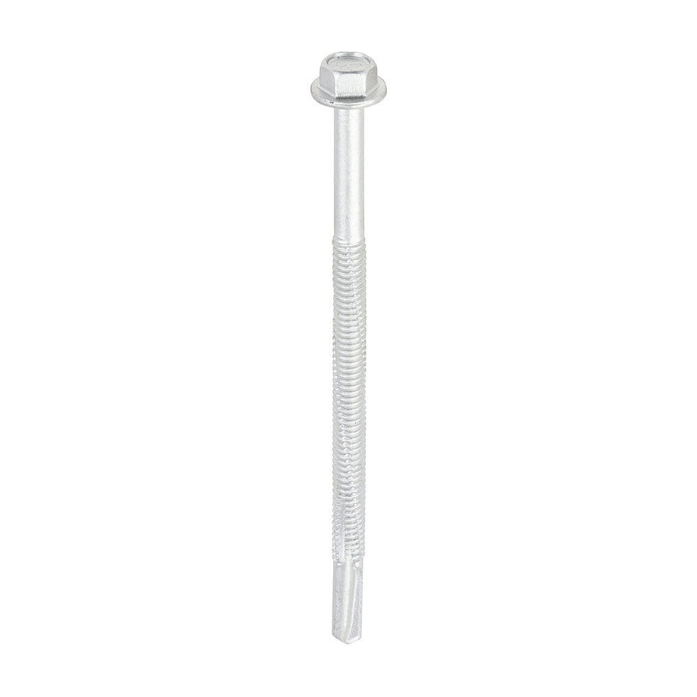 This is an image showing TIMCO Metal Construction Heavy Section Screws - Hex - Self-Drilling - Exterior - Silver Organic - 5.5 x 100 - 100 Pieces Box available from T.H Wiggans Ironmongery in Kendal, quick delivery at discounted prices.