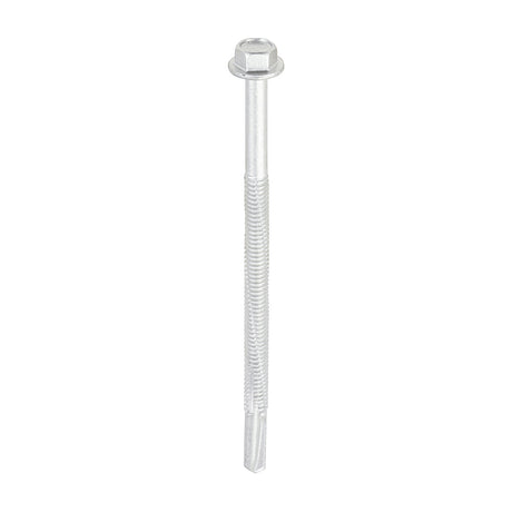 This is an image showing TIMCO Metal Construction Heavy Section Screws - Hex - Self-Drilling - Exterior - Silver Organic - 5.5 x 100 - 100 Pieces Box available from T.H Wiggans Ironmongery in Kendal, quick delivery at discounted prices.