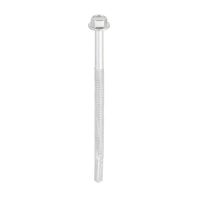 This is an image showing TIMCO Metal Construction Heavy Section Screws - Hex - Self-Drilling - Exterior - Silver Organic - 5.5 x 100 - 100 Pieces Box available from T.H Wiggans Ironmongery in Kendal, quick delivery at discounted prices.