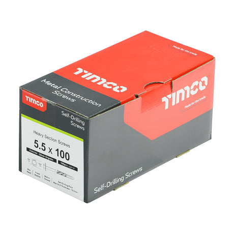 This is an image showing TIMCO Metal Construction Heavy Section Screws - Hex - Self-Drilling - Exterior - Silver Organic - 5.5 x 100 - 100 Pieces Box available from T.H Wiggans Ironmongery in Kendal, quick delivery at discounted prices.