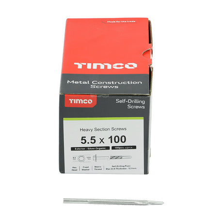 This is an image showing TIMCO Metal Construction Heavy Section Screws - Hex - Self-Drilling - Exterior - Silver Organic - 5.5 x 100 - 100 Pieces Box available from T.H Wiggans Ironmongery in Kendal, quick delivery at discounted prices.
