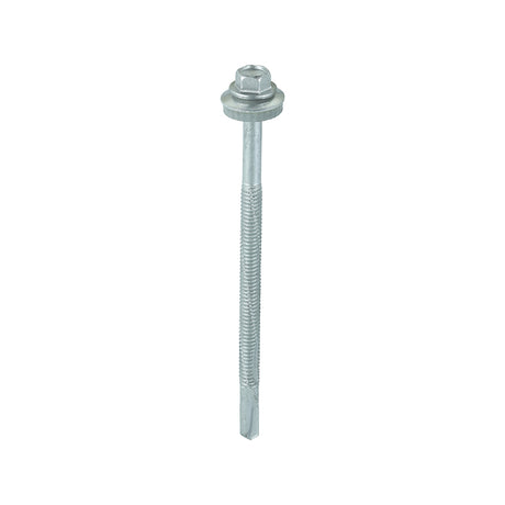 This is an image showing TIMCO Metal Construction Heavy Section Screws - Hex - EPDM Washer - Self-Drilling - Exterior - Silver Organic - 5.5 x 100 - 100 Pieces Box available from T.H Wiggans Ironmongery in Kendal, quick delivery at discounted prices.