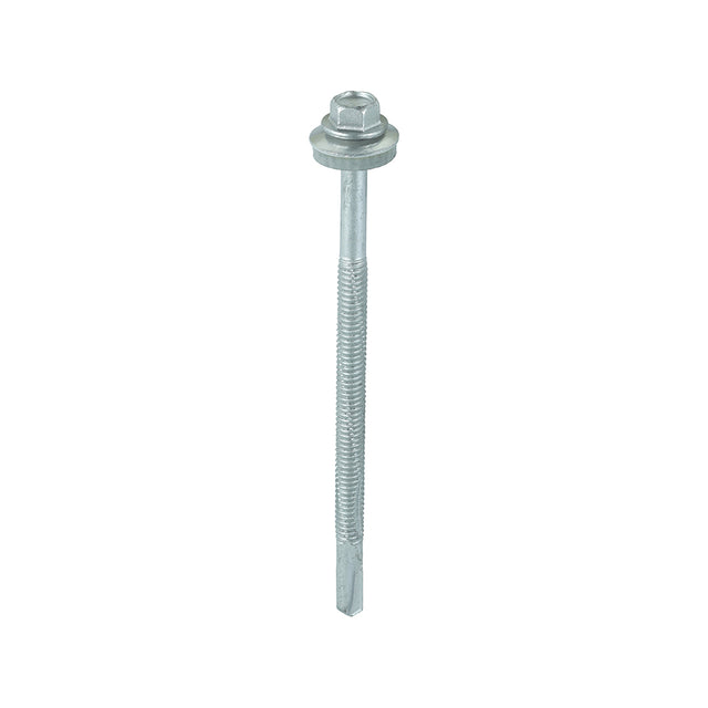 This is an image showing TIMCO Metal Construction Heavy Section Screws - Hex - EPDM Washer - Self-Drilling - Exterior - Silver Organic - 5.5 x 100 - 100 Pieces Box available from T.H Wiggans Ironmongery in Kendal, quick delivery at discounted prices.
