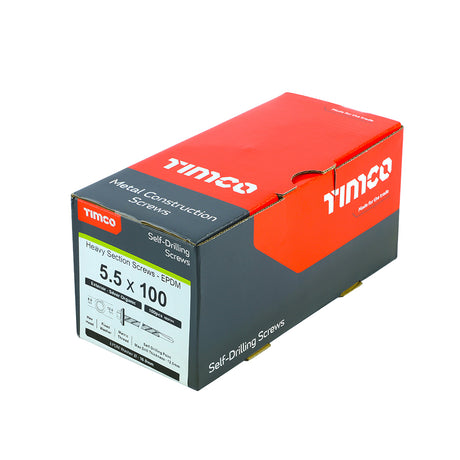 This is an image showing TIMCO Metal Construction Heavy Section Screws - Hex - EPDM Washer - Self-Drilling - Exterior - Silver Organic - 5.5 x 100 - 100 Pieces Box available from T.H Wiggans Ironmongery in Kendal, quick delivery at discounted prices.