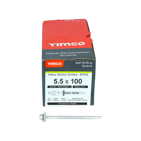 This is an image showing TIMCO Metal Construction Heavy Section Screws - Hex - EPDM Washer - Self-Drilling - Exterior - Silver Organic - 5.5 x 100 - 100 Pieces Box available from T.H Wiggans Ironmongery in Kendal, quick delivery at discounted prices.