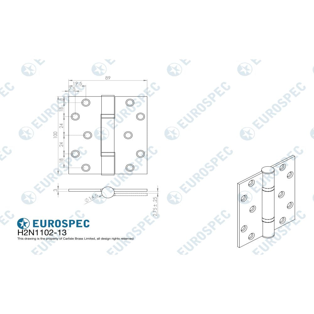 This image is a line drwaing of a Eurospec - Enduromax Grade 13 Thrust Bearing Hinge - SSS available to order from T.H Wiggans Architectural Ironmongery in Kendal