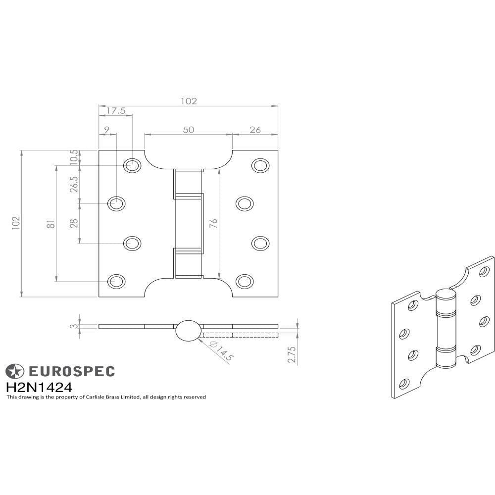 This image is a line drwaing of a Eurospec - Enduromax Grade 13 Parliament Hinge 102 x 102mm - BSS available to order from T.H Wiggans Architectural Ironmongery in Kendal