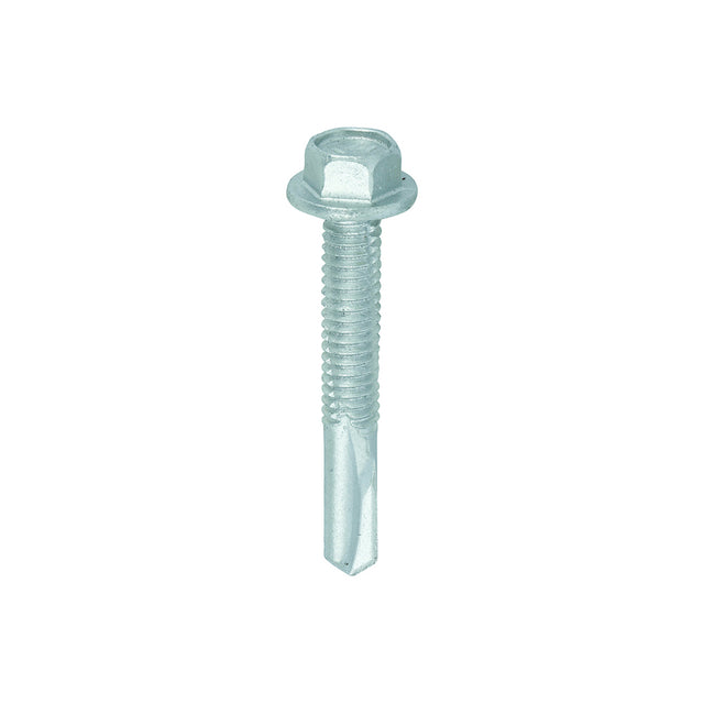 This is an image showing TIMCO Metal Construction Heavy Section Screws - Hex - Self-Drilling - Exterior - Silver Organic - 5.5 x 38 - 100 Pieces Box available from T.H Wiggans Ironmongery in Kendal, quick delivery at discounted prices.