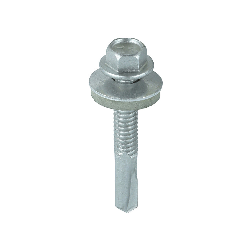 This is an image showing TIMCO Metal Construction Heavy Section Screws - Hex - EPDM Washer - Self-Drilling - Exterior - Silver Organic - 5.5 x 38 - 100 Pieces Box available from T.H Wiggans Ironmongery in Kendal, quick delivery at discounted prices.