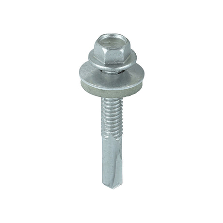 This is an image showing TIMCO Metal Construction Heavy Section Screws - Hex - EPDM Washer - Self-Drilling - Exterior - Silver Organic - 5.5 x 38 - 100 Pieces Box available from T.H Wiggans Ironmongery in Kendal, quick delivery at discounted prices.