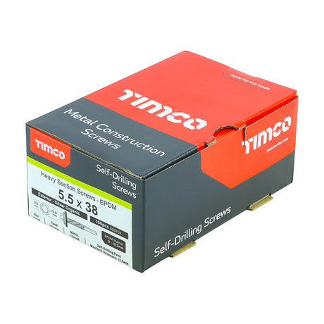 This is an image showing TIMCO Metal Construction Heavy Section Screws - Hex - EPDM Washer - Self-Drilling - Exterior - Silver Organic - 5.5 x 38 - 100 Pieces Box available from T.H Wiggans Ironmongery in Kendal, quick delivery at discounted prices.