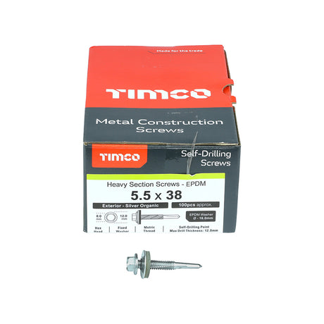 This is an image showing TIMCO Metal Construction Heavy Section Screws - Hex - EPDM Washer - Self-Drilling - Exterior - Silver Organic - 5.5 x 38 - 100 Pieces Box available from T.H Wiggans Ironmongery in Kendal, quick delivery at discounted prices.