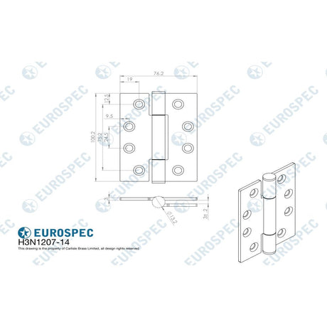 This image is a line drwaing of a Eurospec - Grade 14 Concealed Bearing Triple Knuckle Hinge - SSS available to order from T.H Wiggans Architectural Ironmongery in Kendal